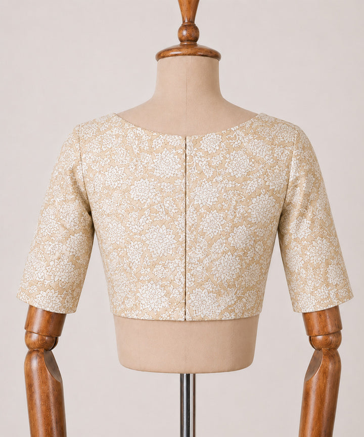 White beige cotton princess cut boat neck back zip opening blouse