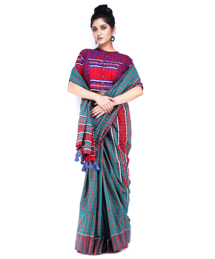 Dark green red cotton handloom gamcha saree