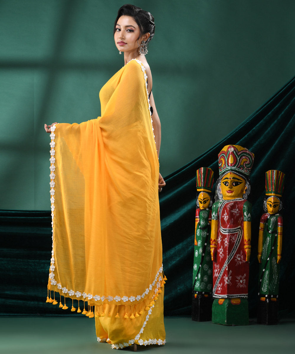 Yellow white handloom cotton bengal saree