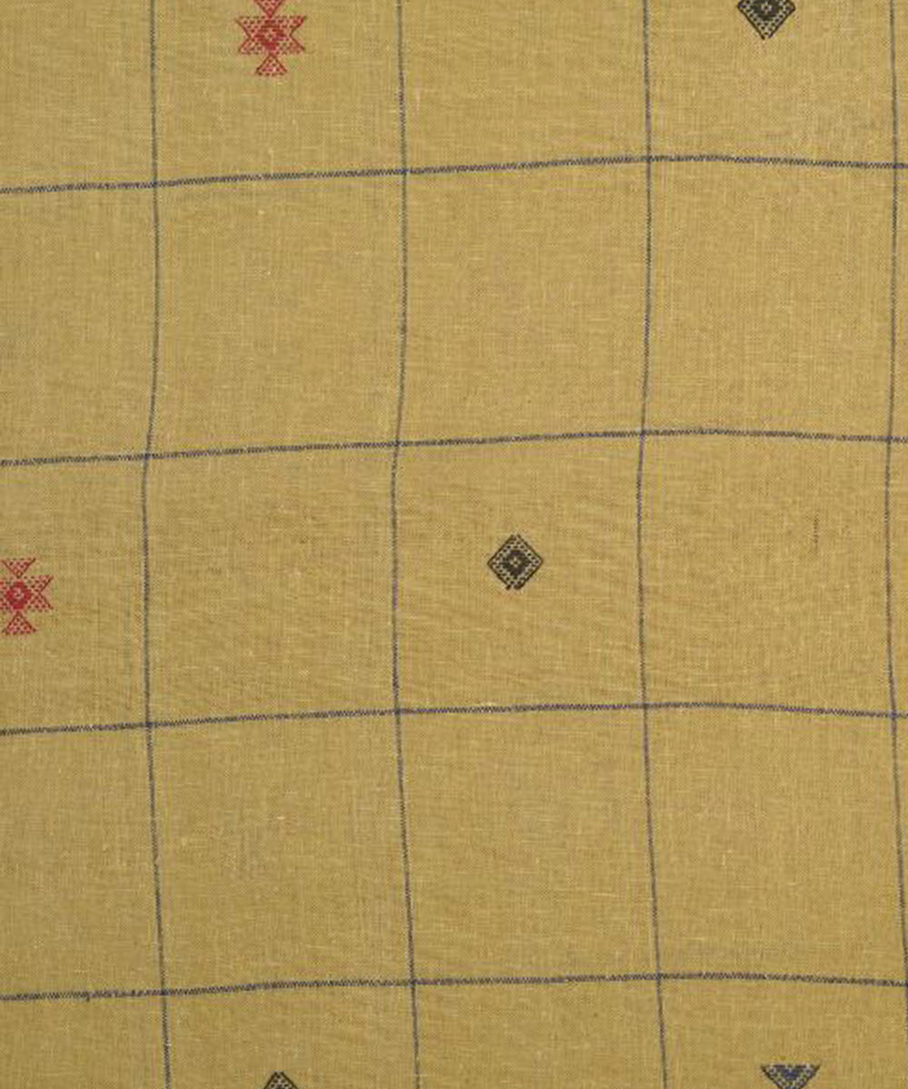 Mustard with blue red butti checks handspun handwoven cotton fabric