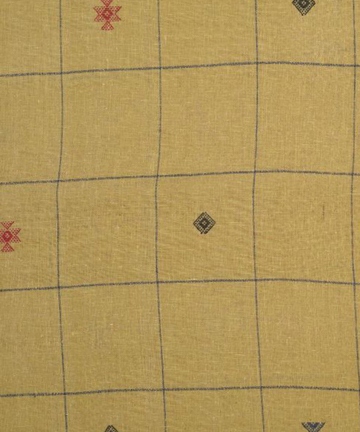 Mustard with blue red butti checks handspun handwoven cotton fabric