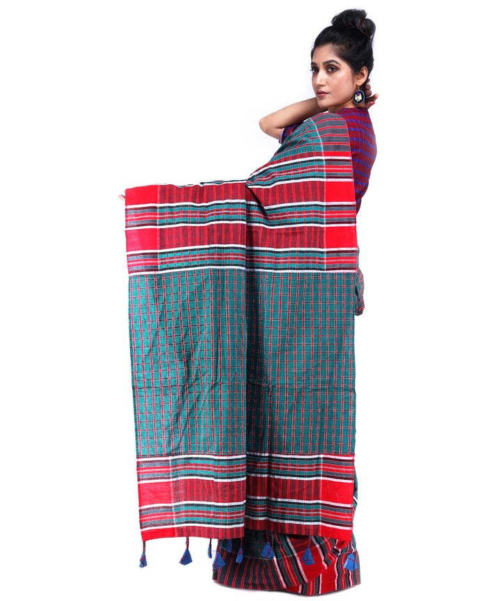 Dark green red cotton handloom gamcha saree