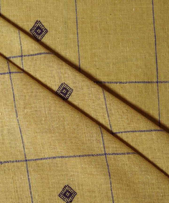 Mustard with blue red butti checks handspun handwoven cotton fabric
