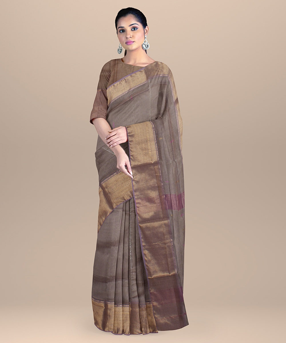 Grey lavender handloom maheshwari cotton silk saree