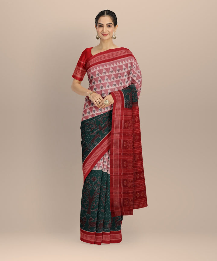 Multicolor red cotton handwoven sambalpuri saree