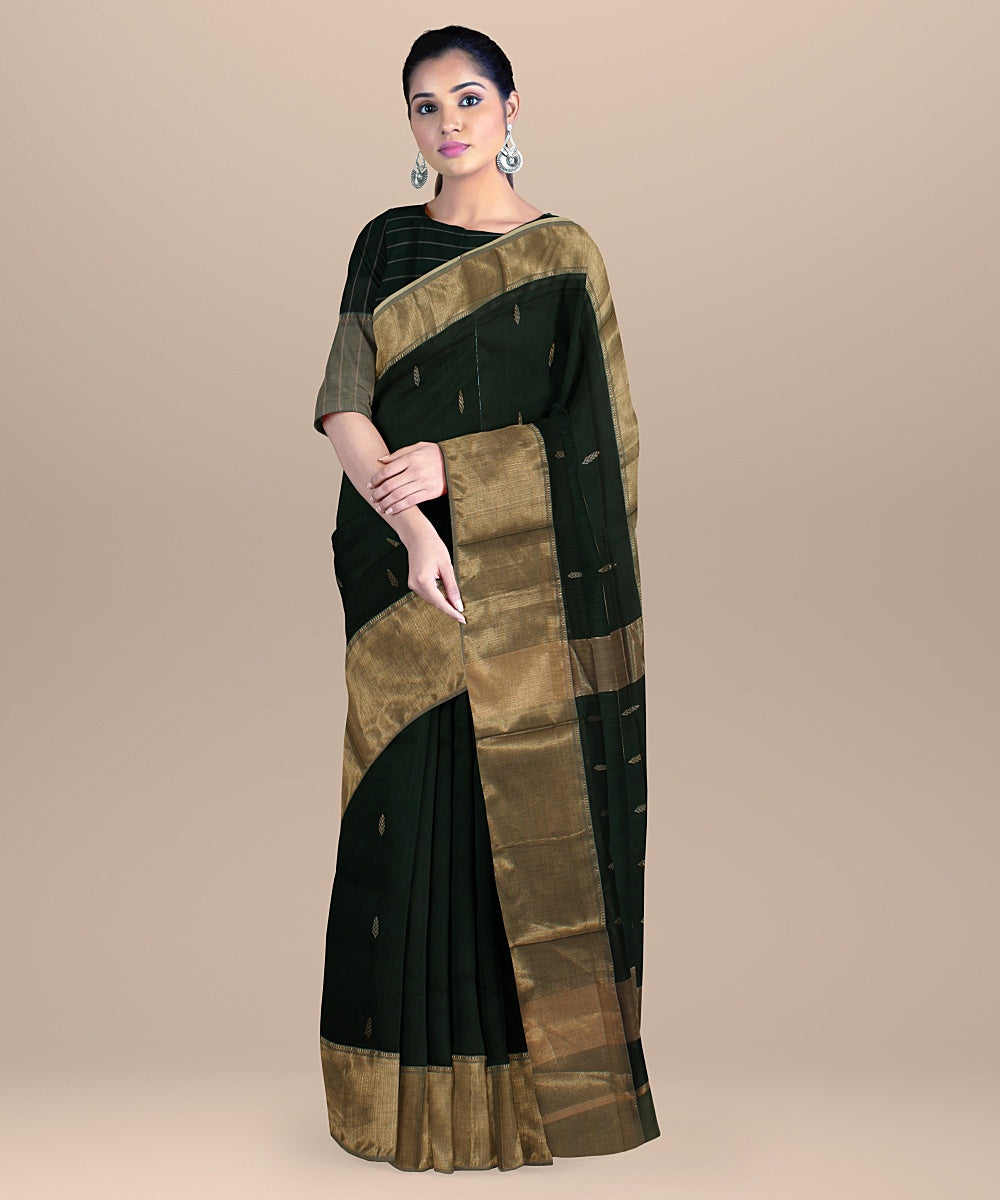 Dark green buti handloom maheshwari cotton silk saree