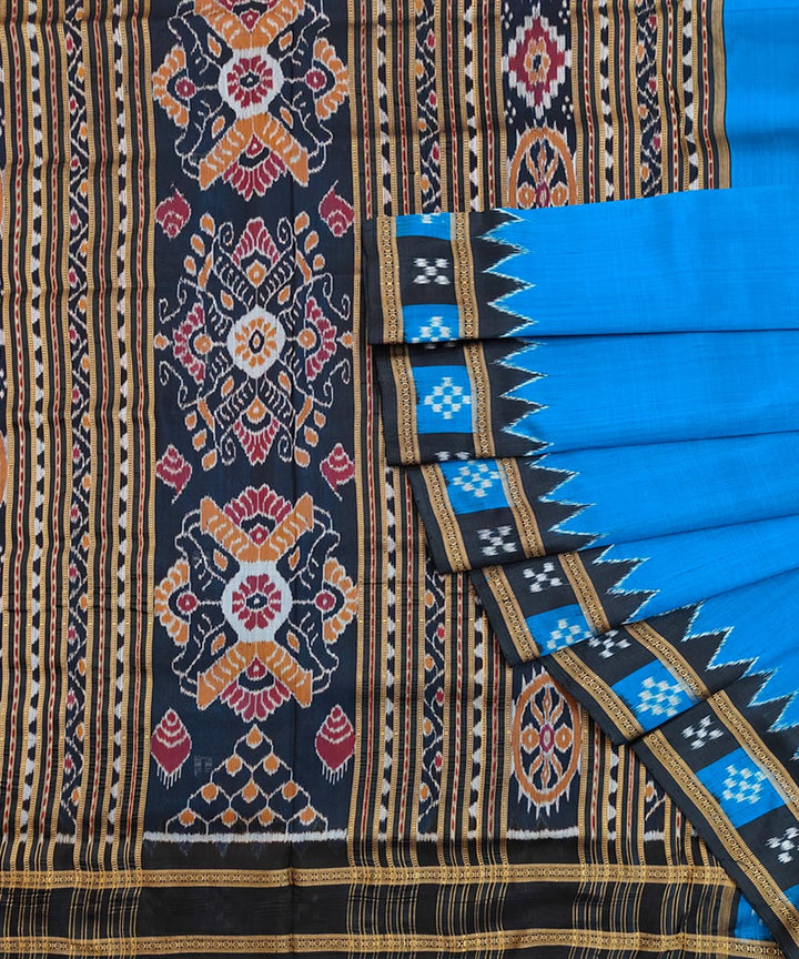 Sky blue black silk handwoven khandua saree