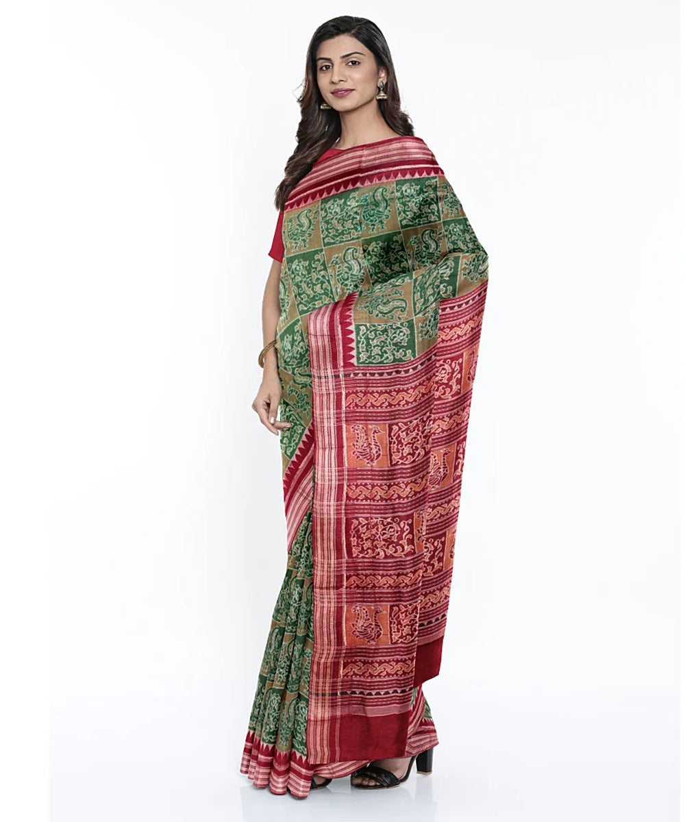 Mehindi maroon cotton handwoven sambalpuri saree