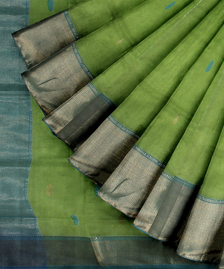 Lime green sea green handloom maheshwari cotton silk saree