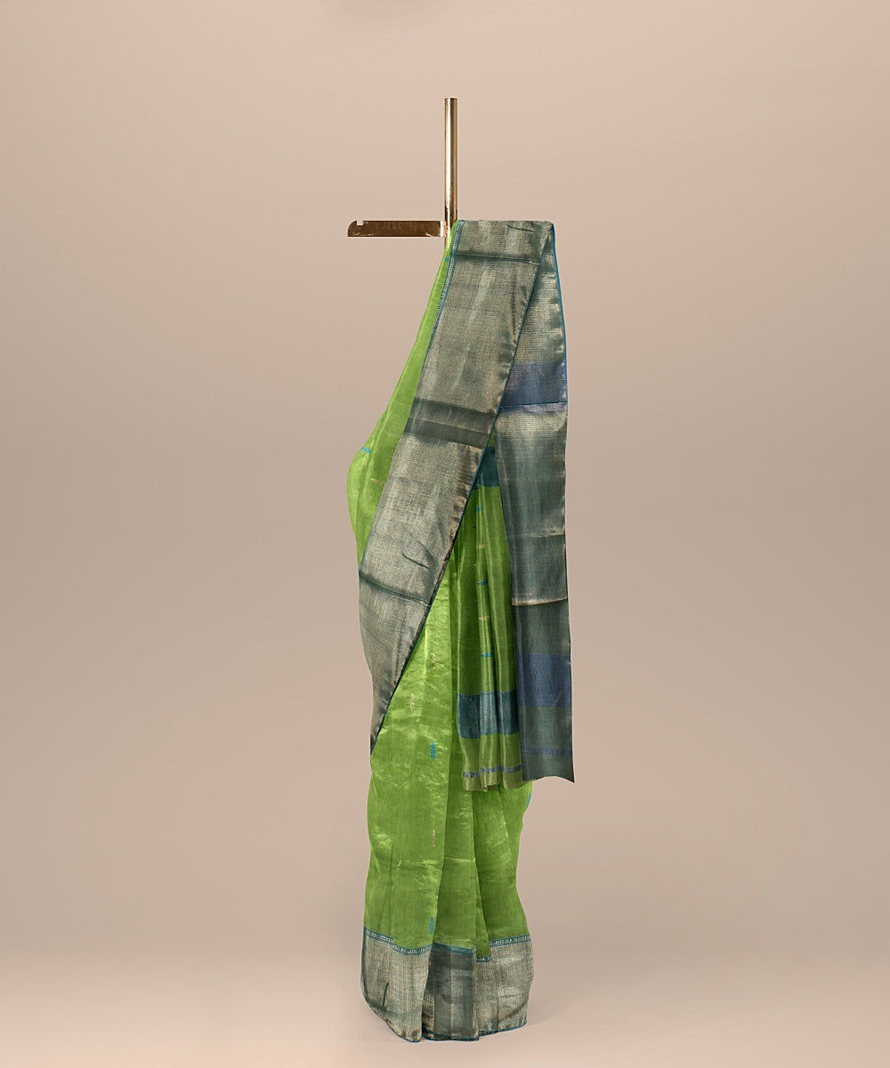 Lime green sea green handloom maheshwari cotton silk saree