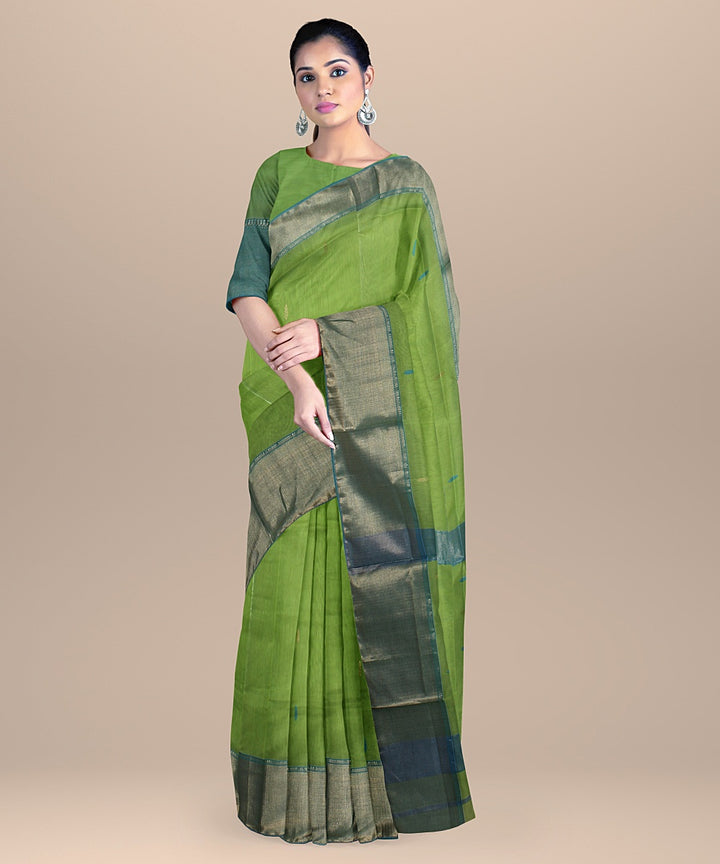 Lime green sea green handloom maheshwari cotton silk saree