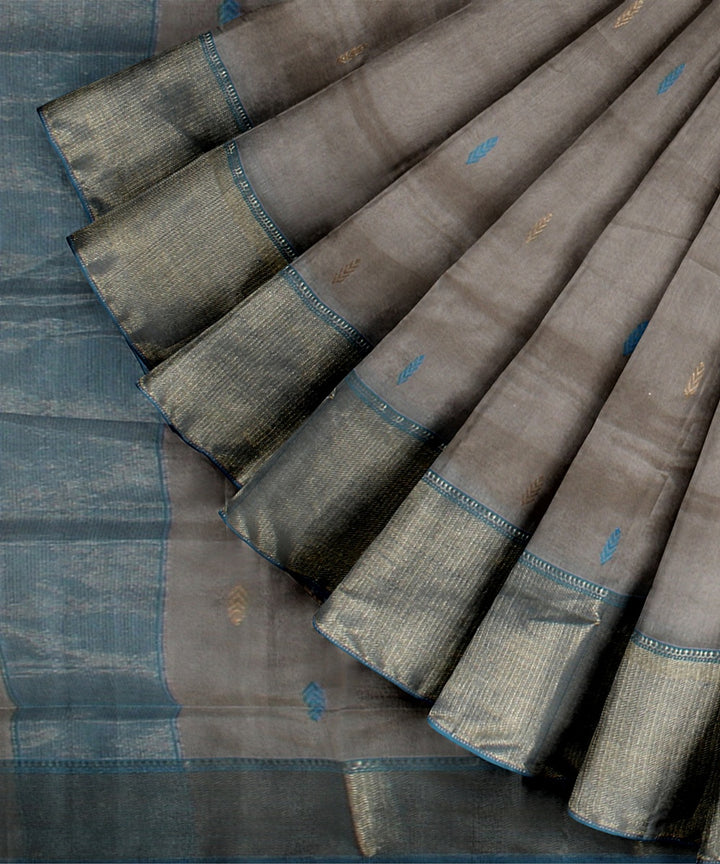 Grey cyan blue handloom maheshwari cotton silk saree