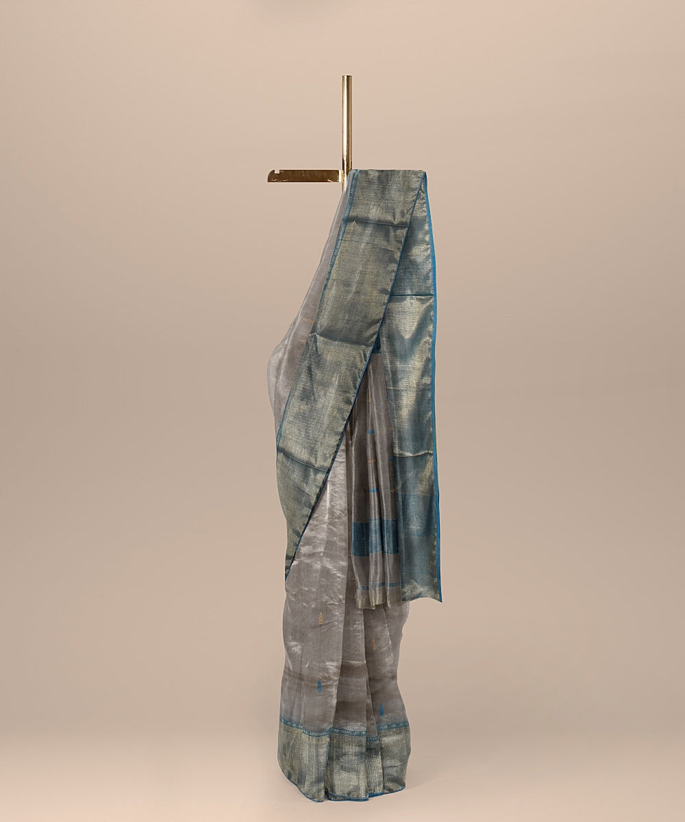 Grey cyan blue handloom maheshwari cotton silk saree