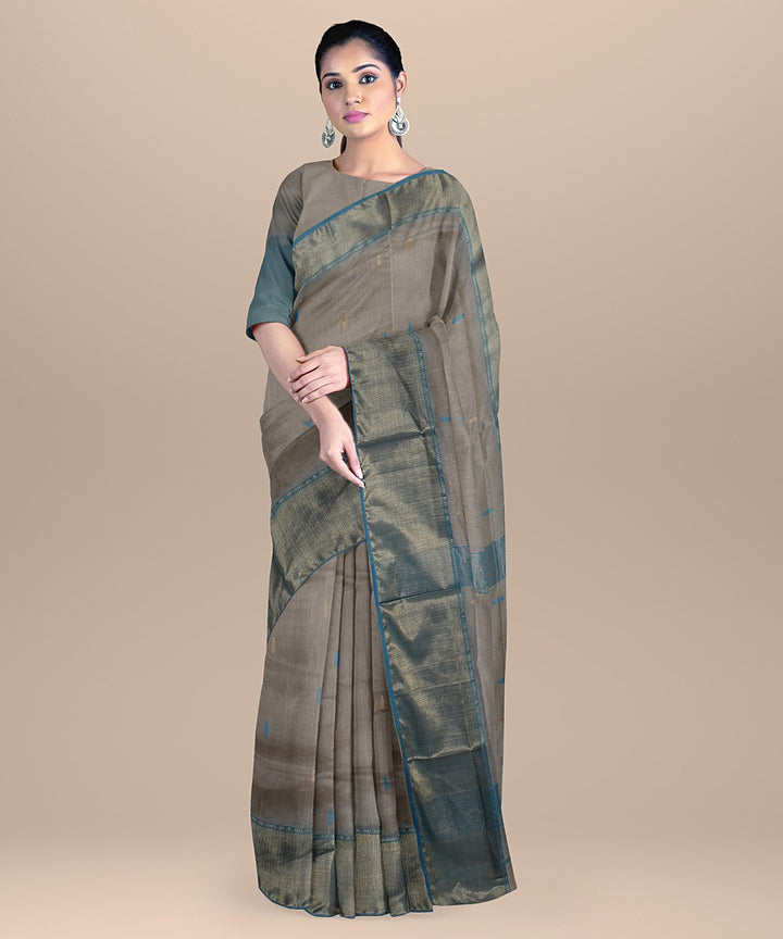 Grey cyan blue handloom maheshwari cotton silk saree