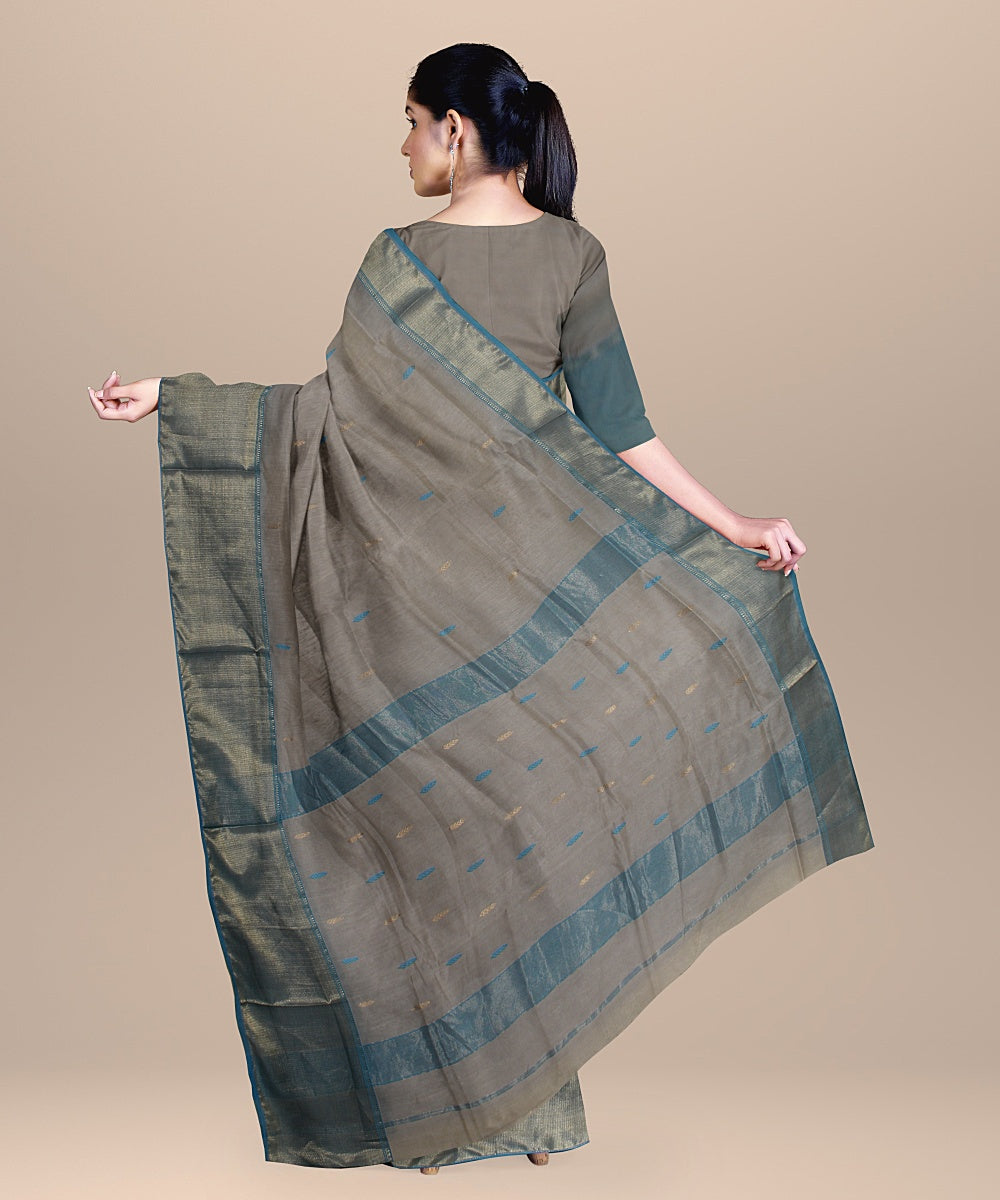 Grey cyan blue handloom maheshwari cotton silk saree