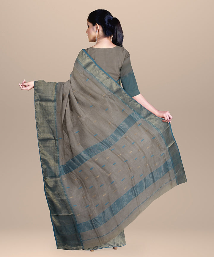 Grey cyan blue handloom maheshwari cotton silk saree