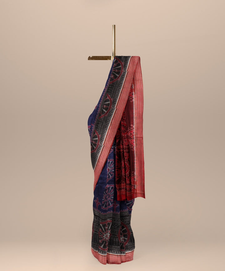 Navy blue red handwoven cotton sambalpuri saree