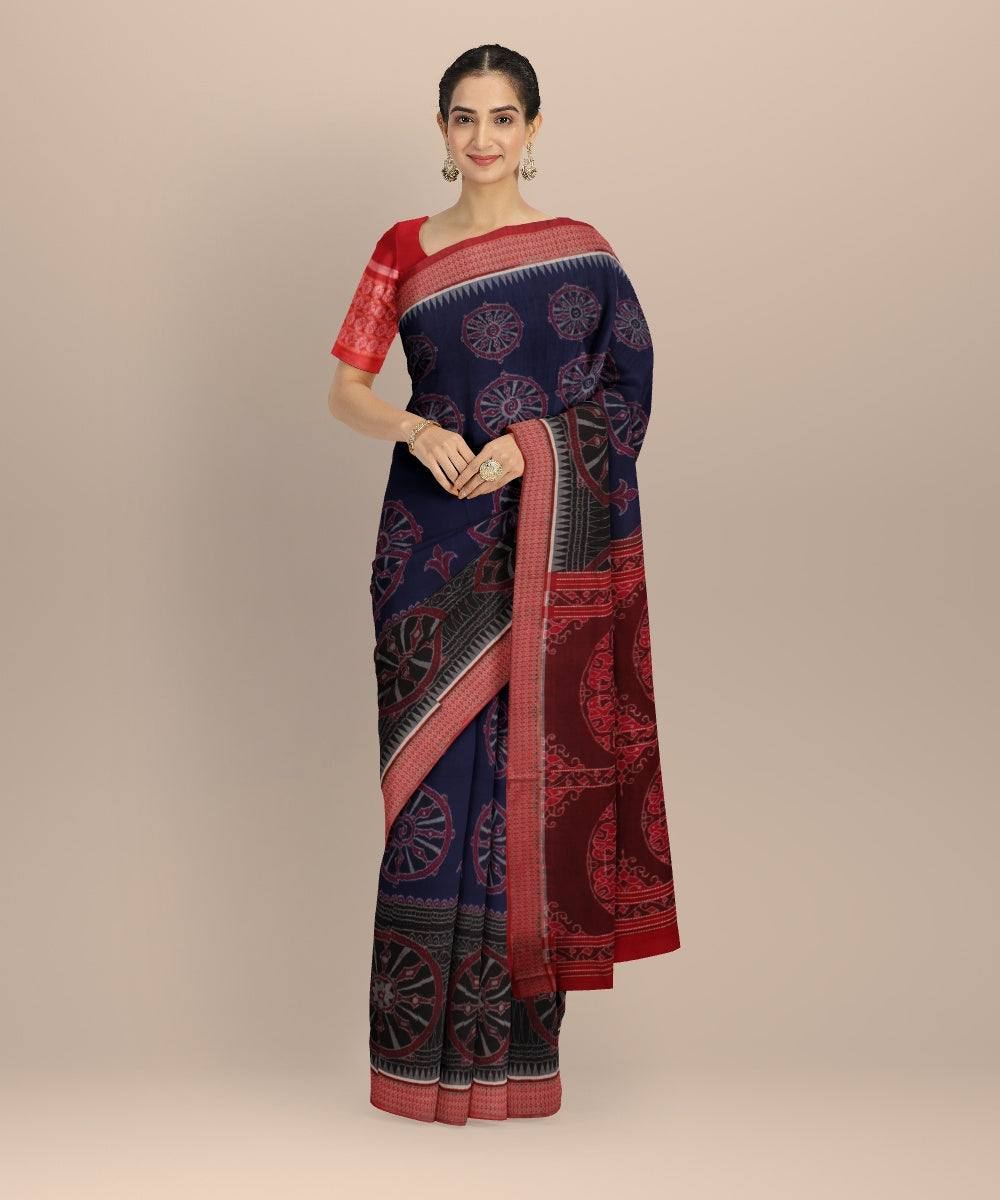 Navy blue red handwoven cotton sambalpuri saree