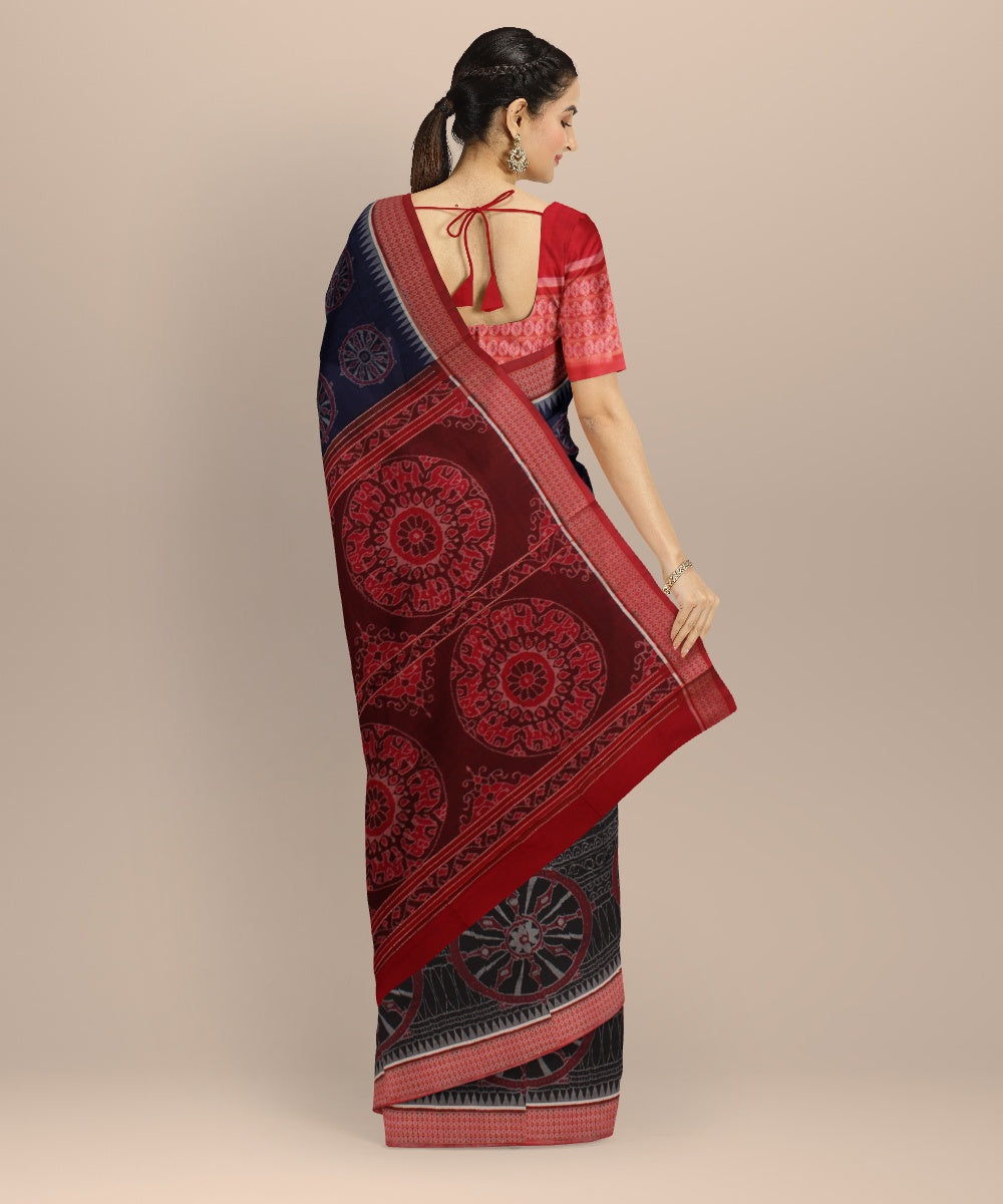 Navy blue red handwoven cotton sambalpuri saree