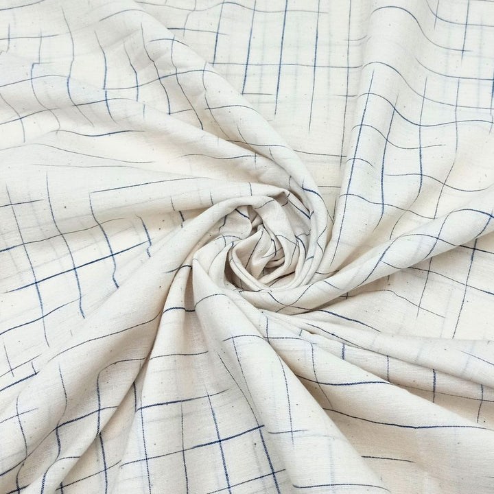White blue check handloom cotton fabric