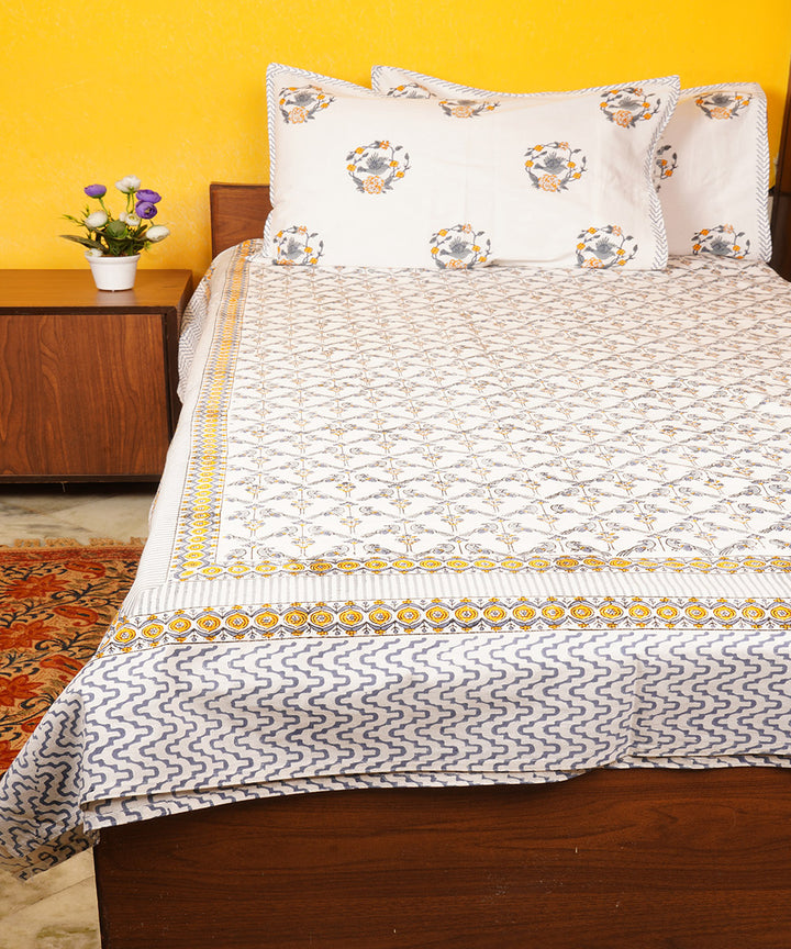 White floral cotton hand block printed double bedsheet