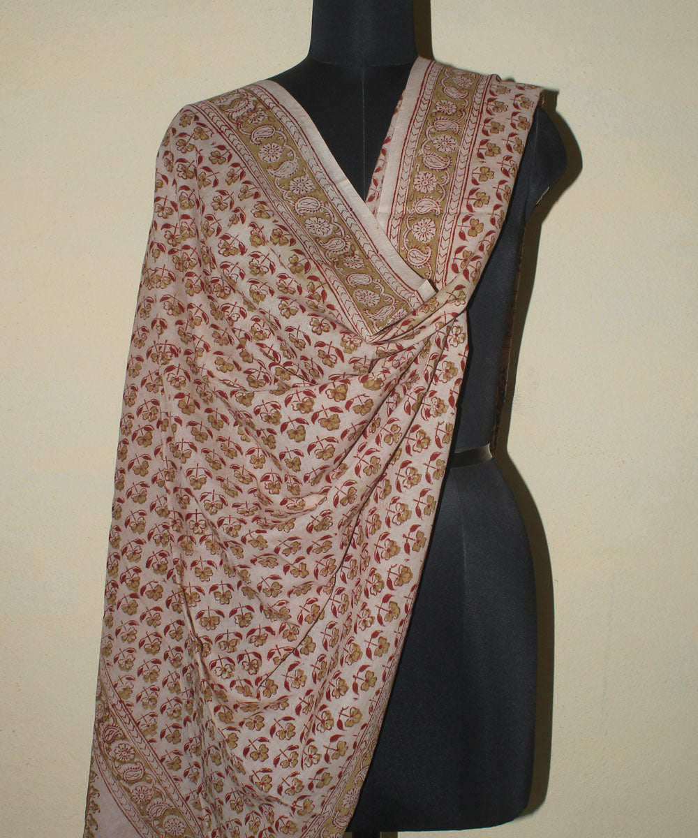 Beige red cotton hand block printed kalamkari dupatta