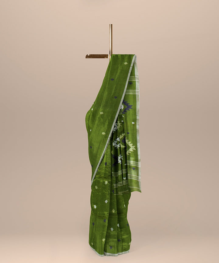 Olive green offwhite handloom cotton bengal saree