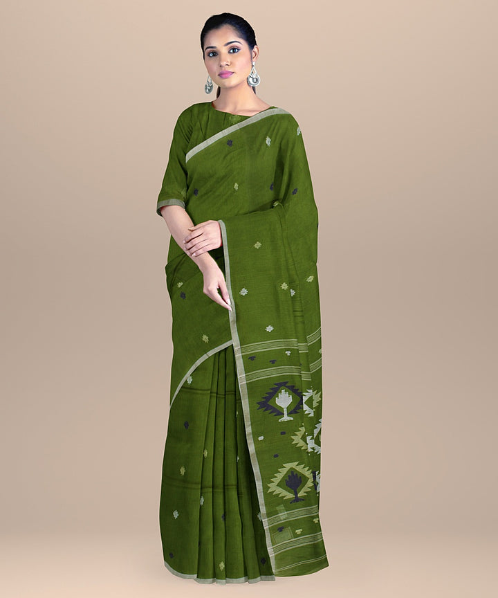 Olive green offwhite handloom cotton bengal saree