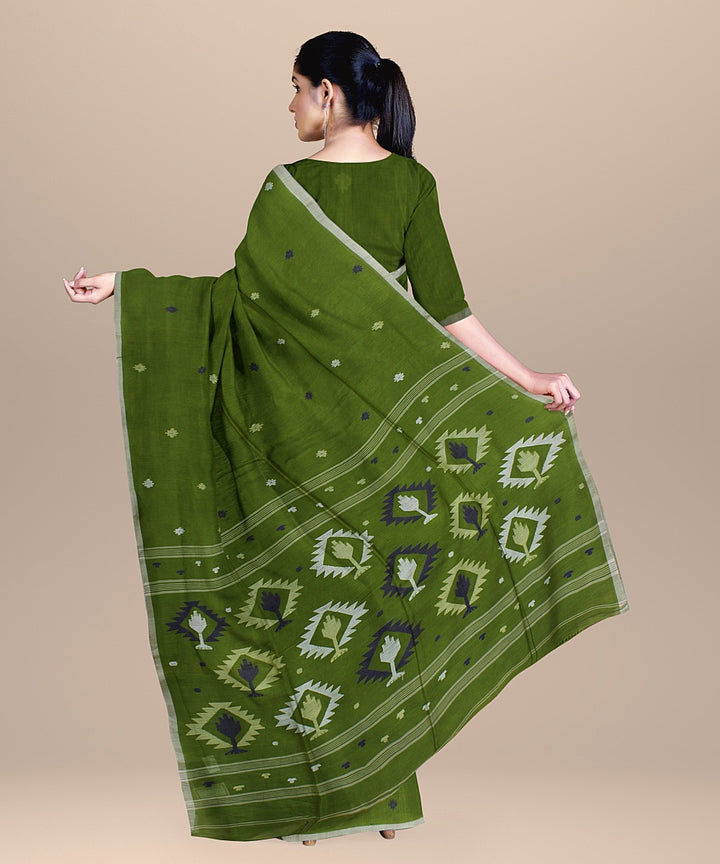 Olive green offwhite handloom cotton bengal saree