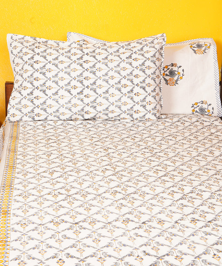 White floral cotton hand block printed double bedsheet