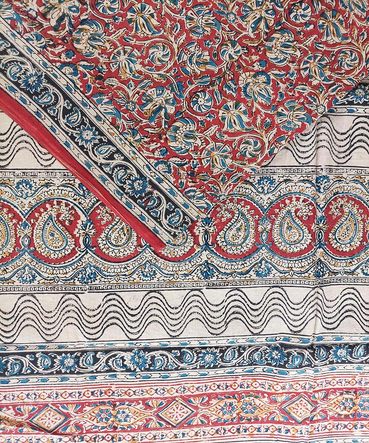 Red black border kalamkari cotton hand printed saree