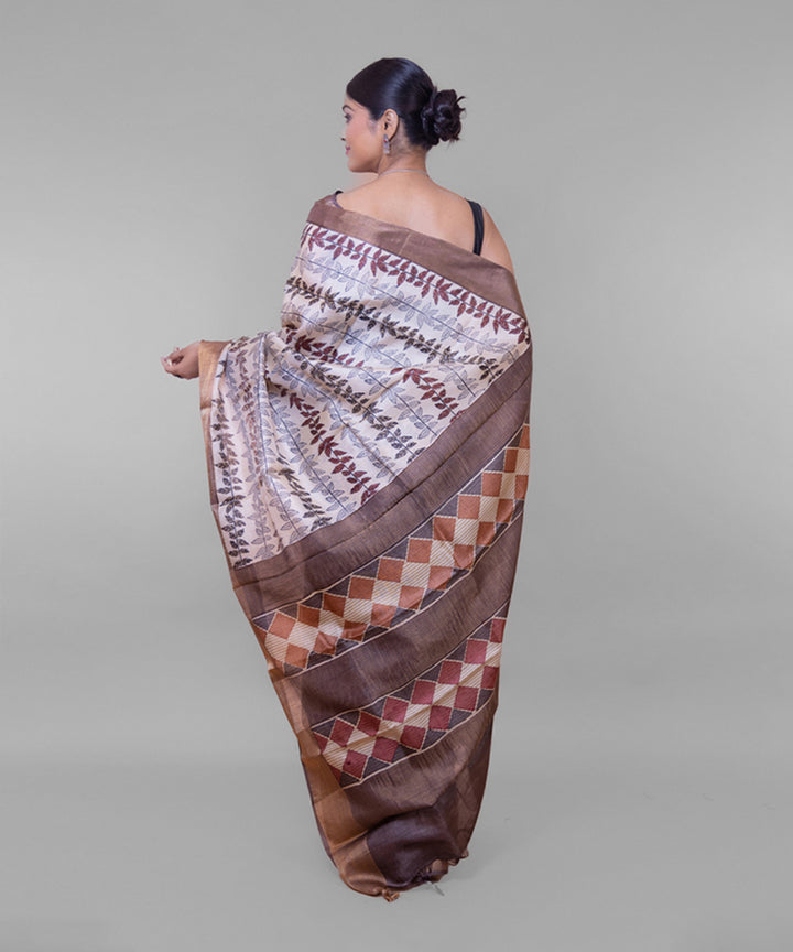 Brown off white zari border tussar silk hand block printed saree