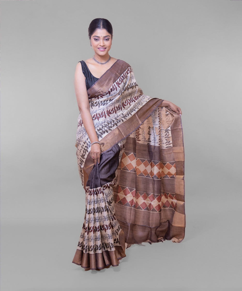 Brown off white zari border tussar silk hand block printed saree
