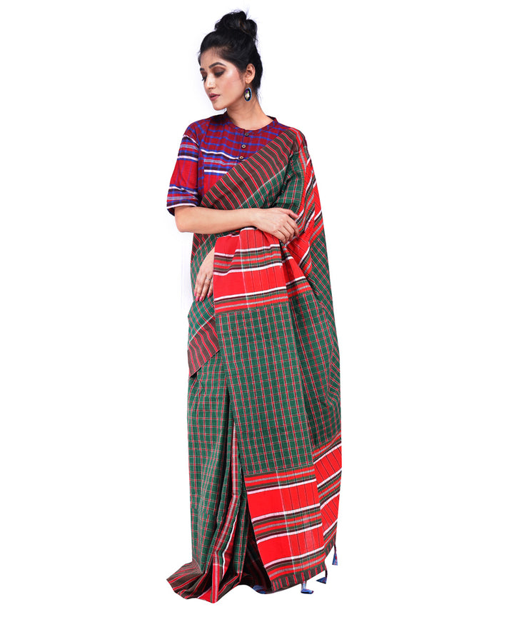 Dark green red cotton handloom gamcha saree