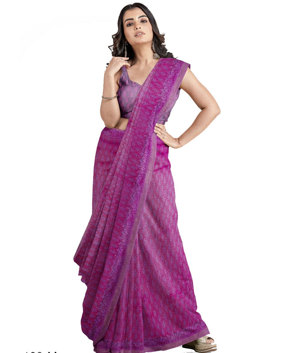 Purple pink cotton silk hand printed maheshwari saree