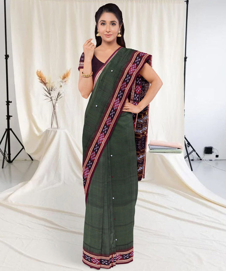 Olive green marron cotton handwoven sambalpuri saree