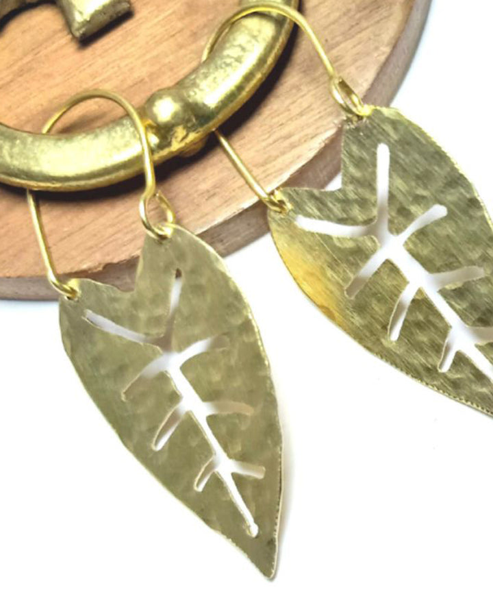 Golden handcrafted leaf design dhokra brass earring