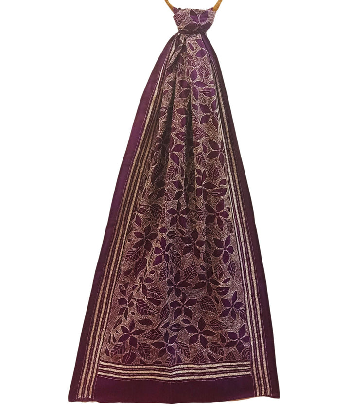 Brown multicolor thread silk kantha stitch handwoven stole
