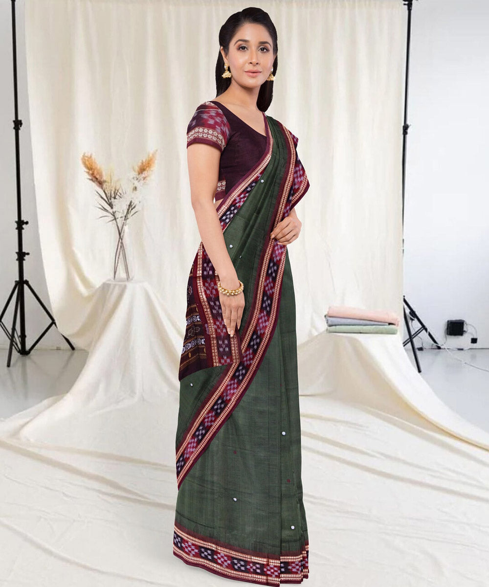 Olive green marron cotton handwoven sambalpuri saree