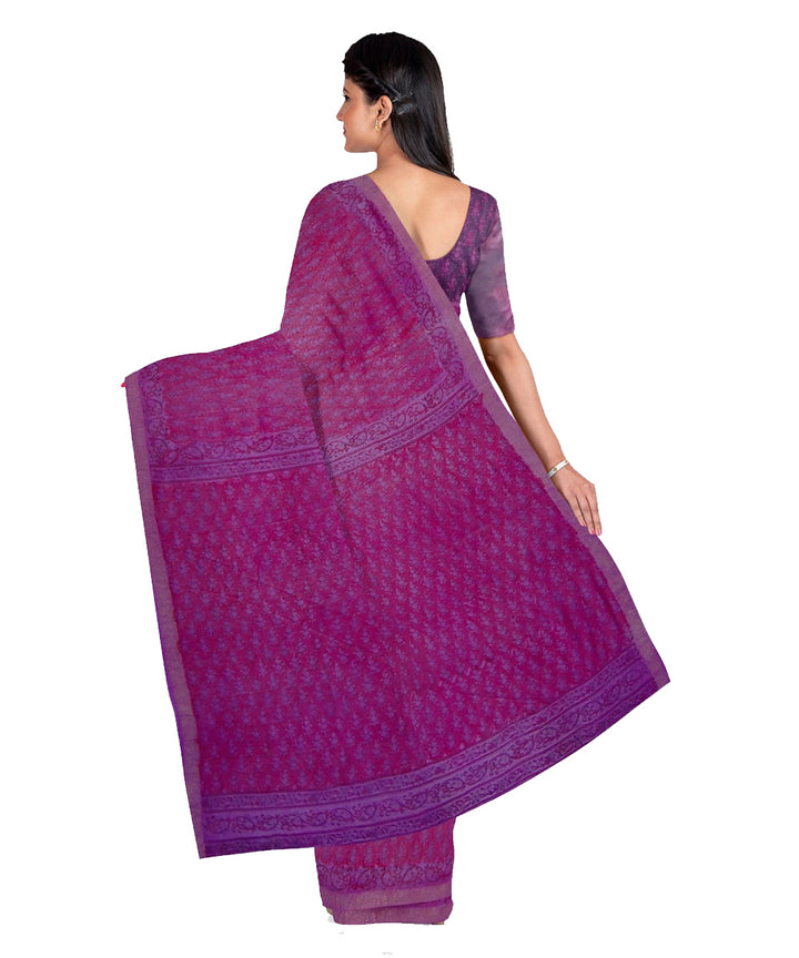 Purple pink cotton silk hand printed maheshwari saree
