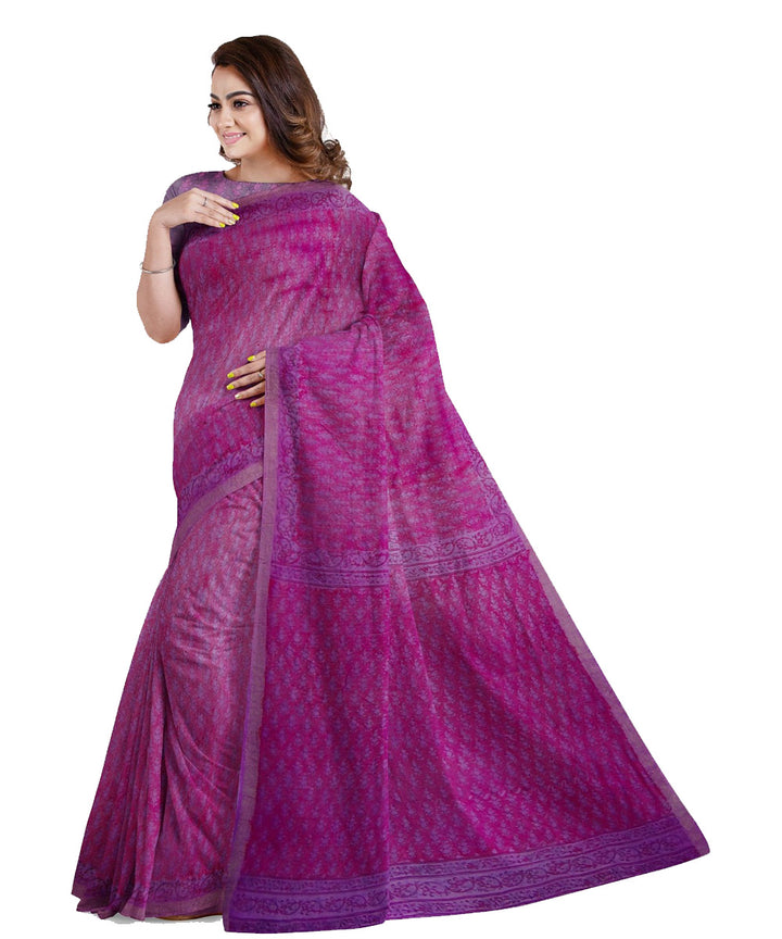 Purple pink cotton silk hand printed maheshwari saree