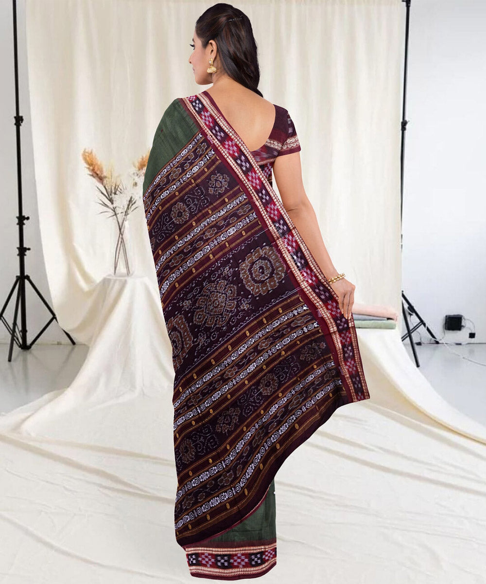 Olive green marron cotton handwoven sambalpuri saree