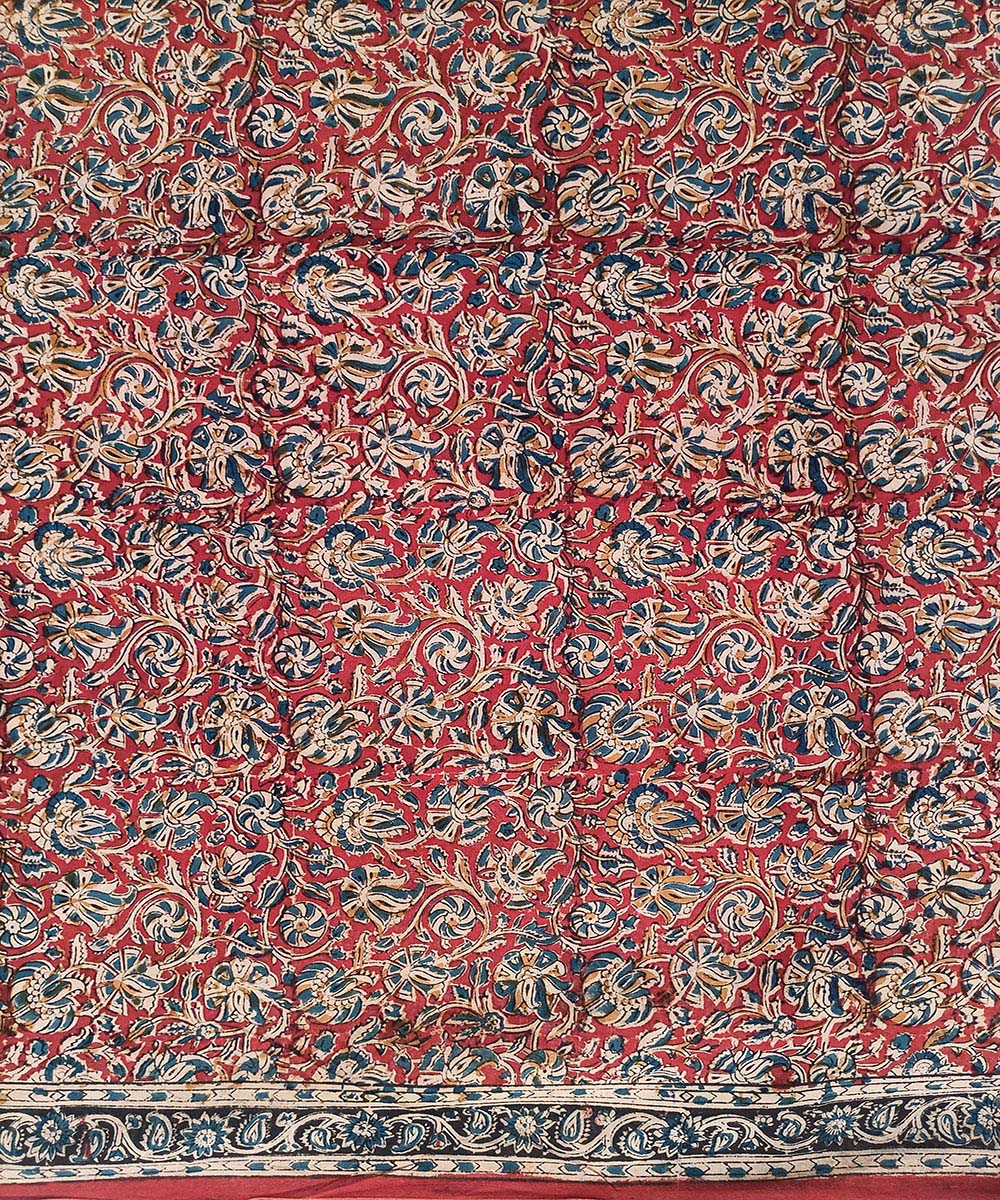 Red black border kalamkari cotton hand printed saree