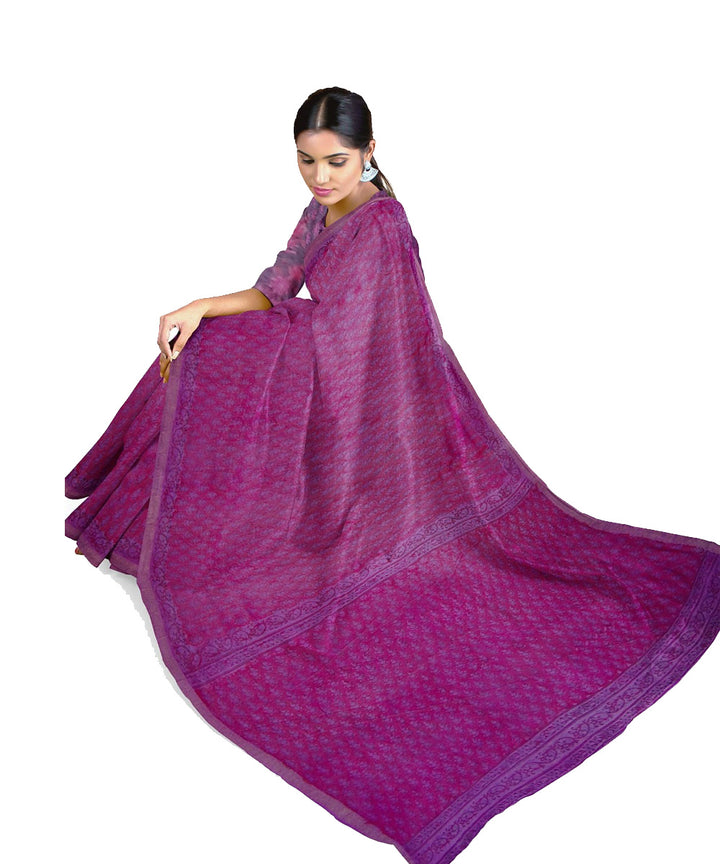 Purple pink cotton silk hand printed maheshwari saree
