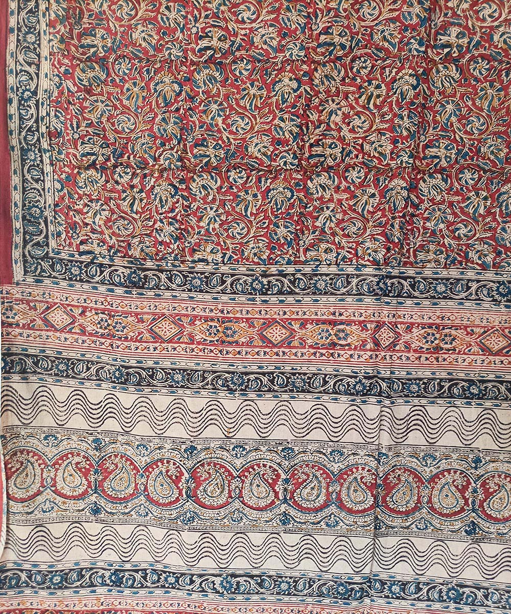 Red black border kalamkari cotton hand printed saree