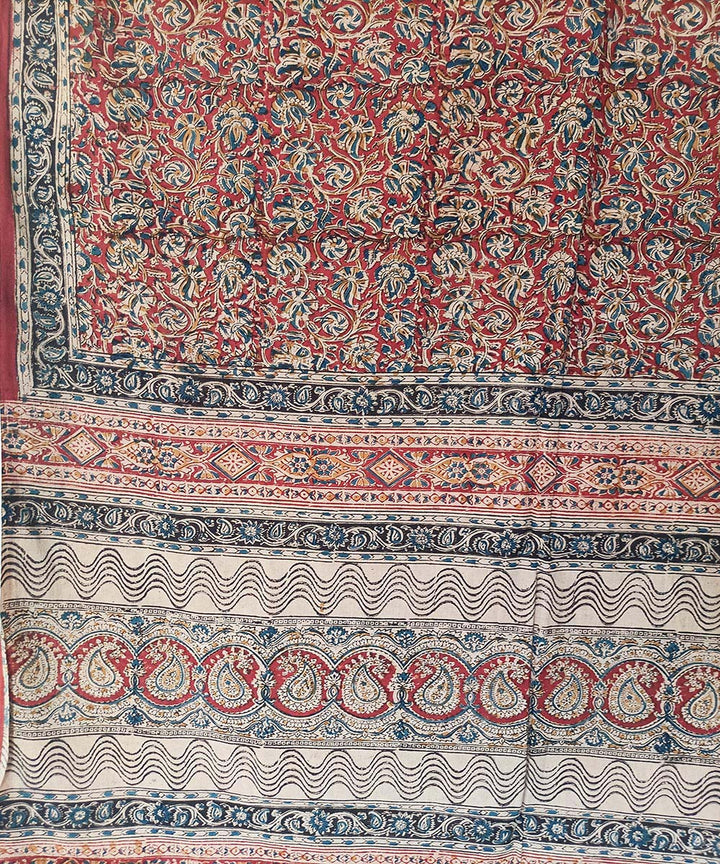 Red black border kalamkari cotton hand printed saree