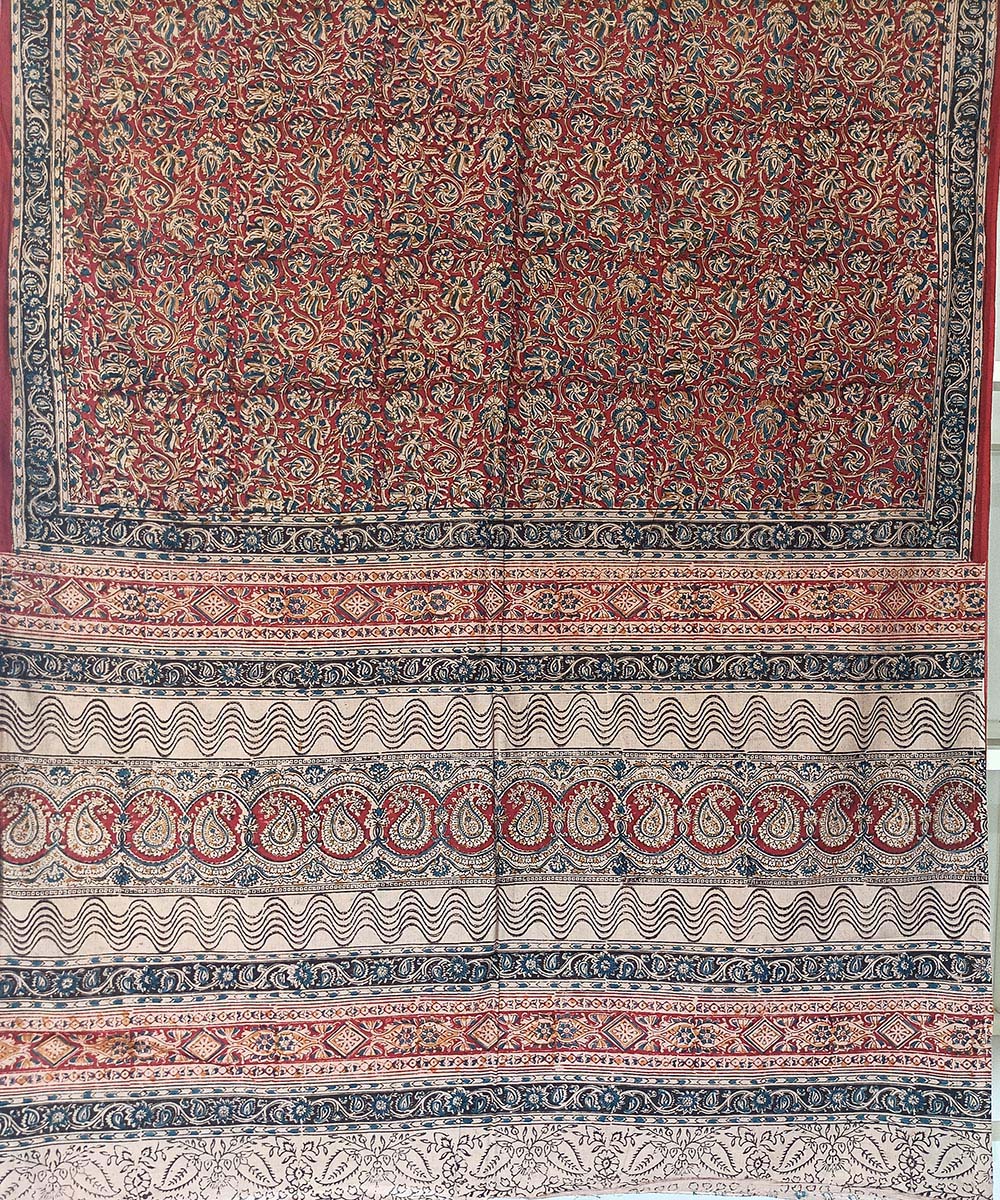 Red black border kalamkari cotton hand printed saree