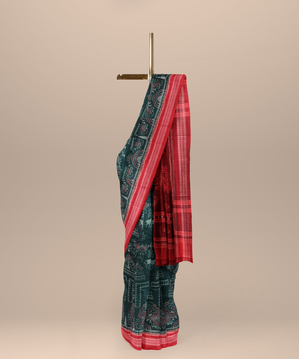 Dark green red cotton handloom sambalpuri saree