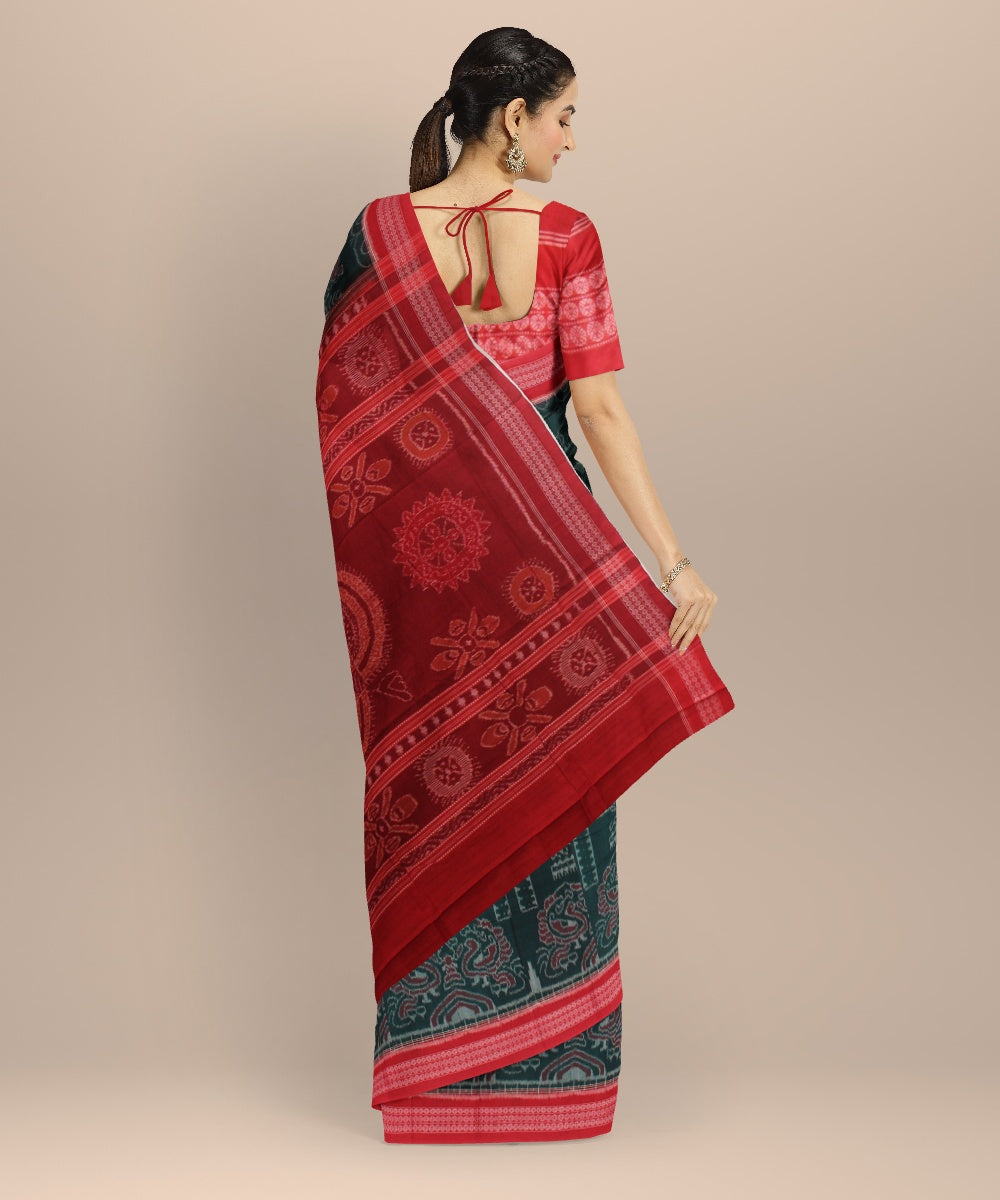 Dark green red cotton handloom sambalpuri saree