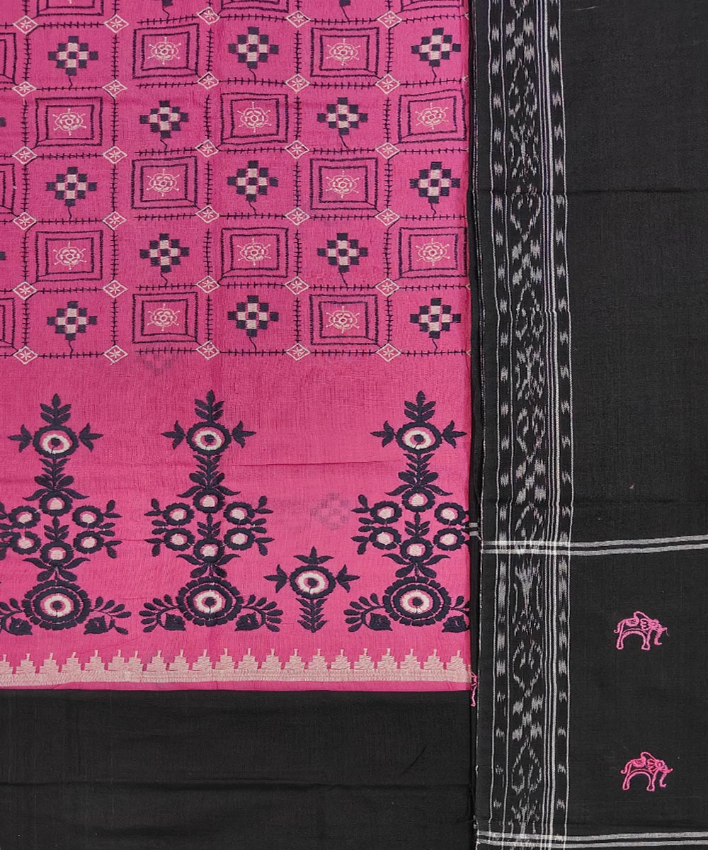 3pcs pink black cotton handwoven bomkai dress material